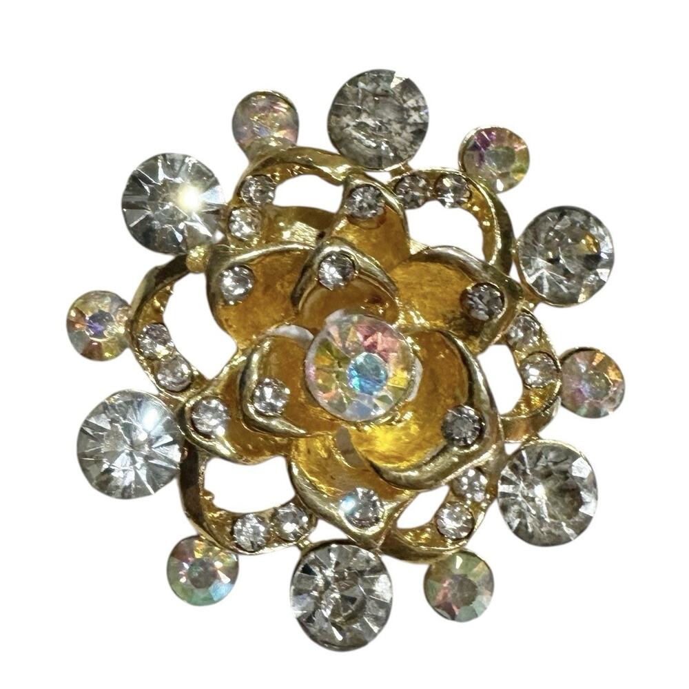 Art Deco Vintage Floral Vortex Brooch Gold Tone White Clear Rhinestones‎